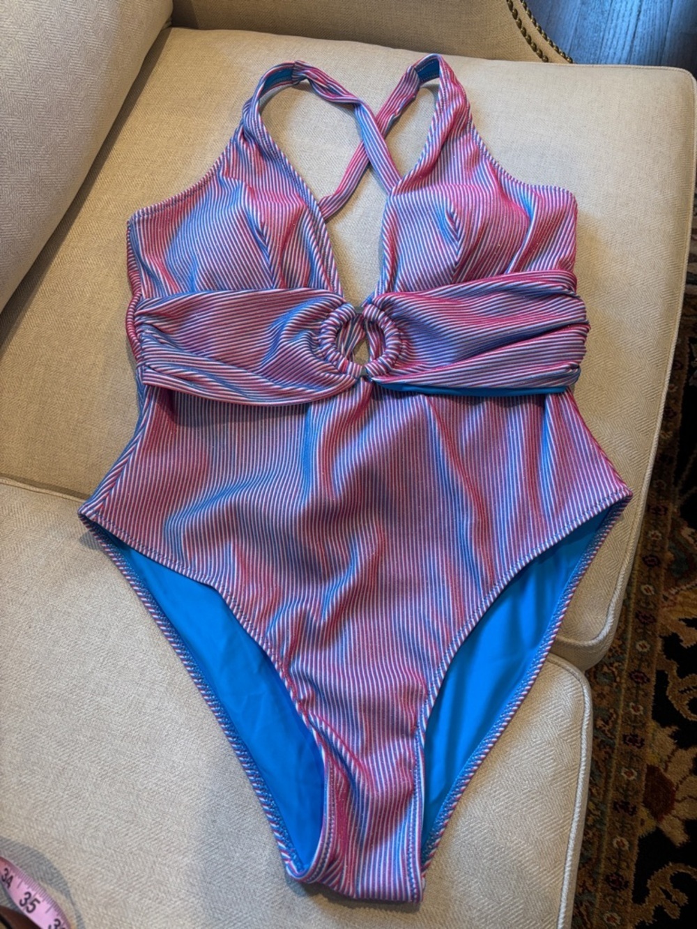 BERLOOK Striped pink and Blue circle Front One-Piece Swimsuit size 20